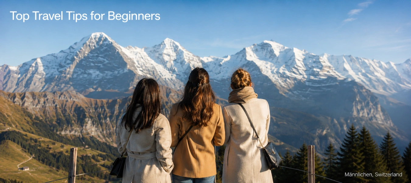 Three women overlooking snow-capped Swiss Alps at Männlichen.